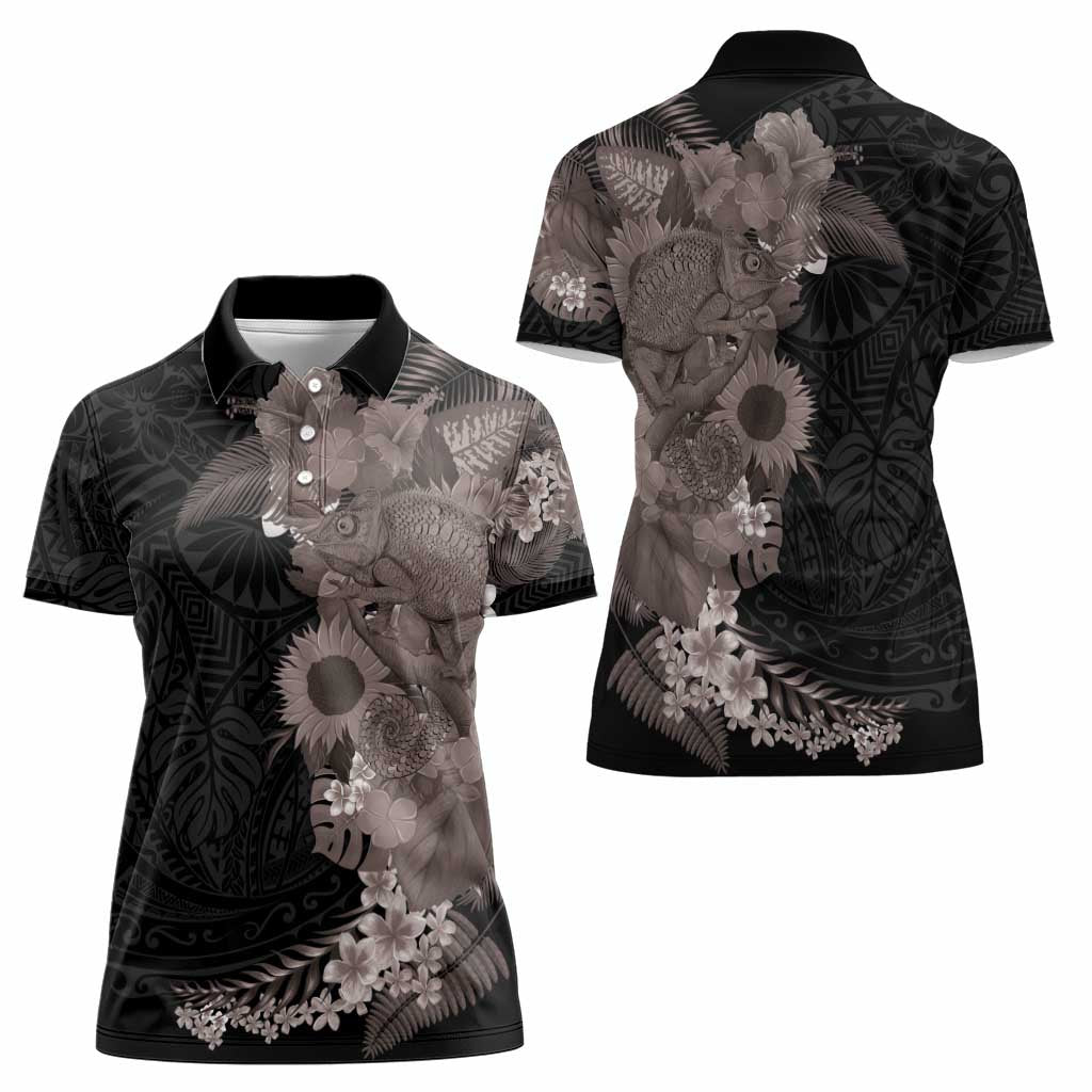 Hawaiian Tropical Plants and Chameleon Women Polo Shirt Polynesian Art Grayscale - Polynesian Pride