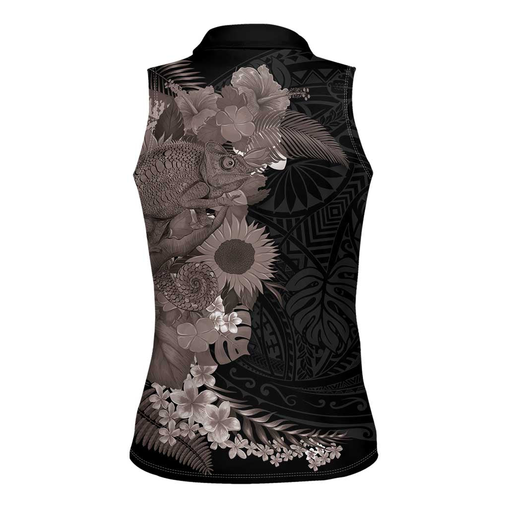 Hawaiian Tropical Plants and Chameleon Women Sleeveless Polo Shirt Polynesian Art Grayscale - Polynesian Pride
