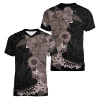 Hawaiian Tropical Plants and Chameleon Women V-Neck T-Shirt Polynesian Art Grayscale - Polynesian Pride