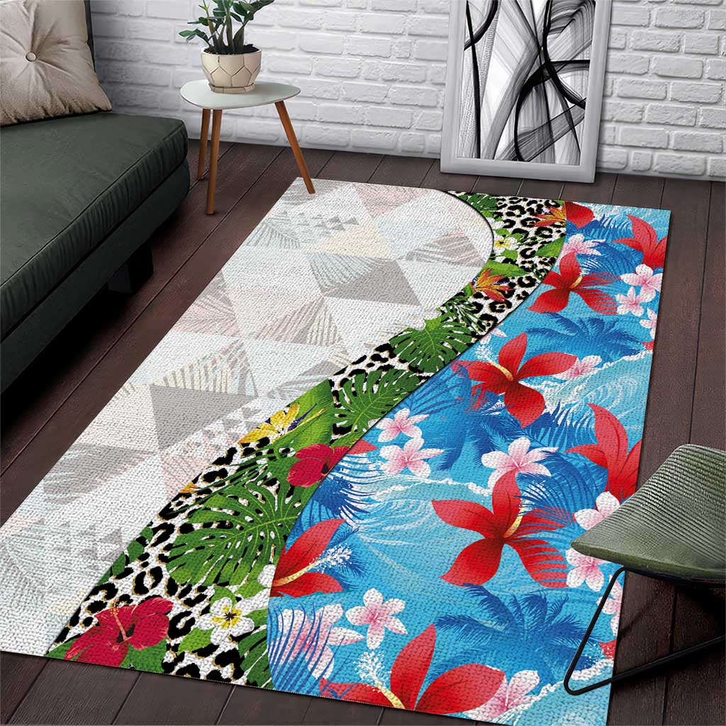 Hawaiian Tropical Flowers and Leaves Area Rug on Leopard Pattern Half Style White-Blue Version - Polynesian Pride