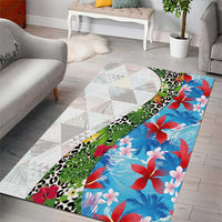 Hawaiian Tropical Flowers and Leaves Area Rug on Leopard Pattern Half Style White-Blue Version - Polynesian Pride
