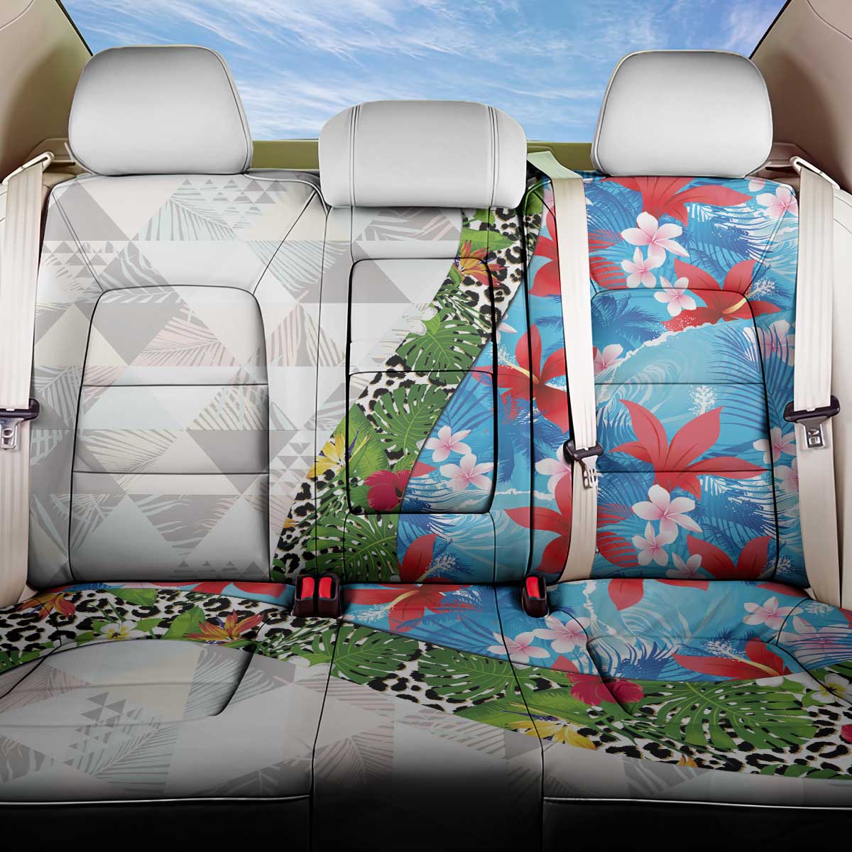 Hawaiian Tropical Flowers and Leaves Back Car Seat Cover on Leopard Pattern Half Style White-Blue Version - Polynesian Pride