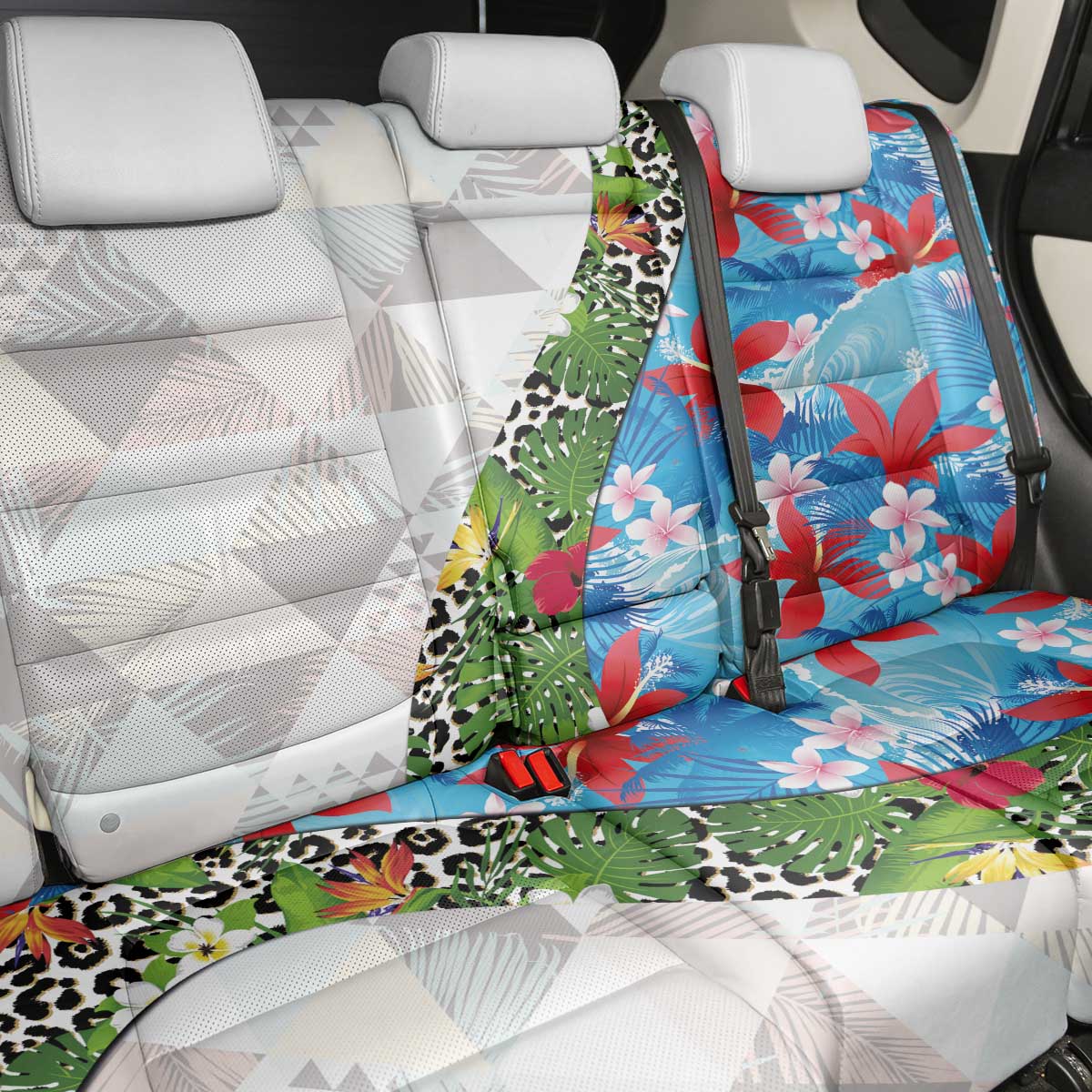 Hawaiian Tropical Flowers and Leaves Back Car Seat Cover on Leopard Pattern Half Style White-Blue Version - Polynesian Pride