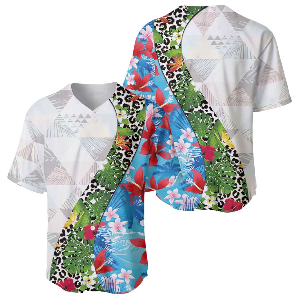 Hawaiian Tropical Flowers and Leaves Baseball Jersey on Leopard Pattern Half Style White-Blue Version - Polynesian Pride