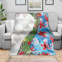 Hawaiian Tropical Flowers and Leaves Blanket on Leopard Pattern Half Style White-Blue Version - Polynesian Pride