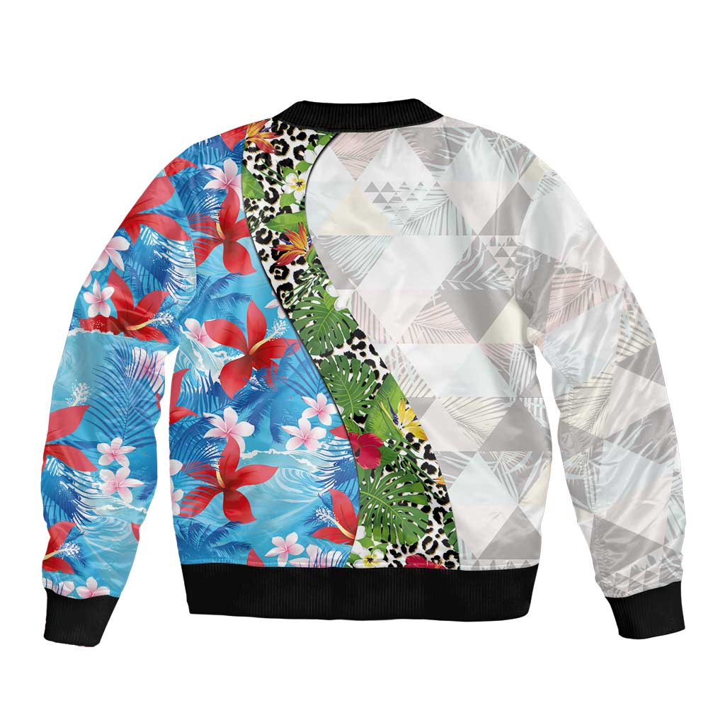 Hawaiian Tropical Flowers and Leaves Bomber Jacket on Leopard Pattern Half Style White-Blue Version - Polynesian Pride