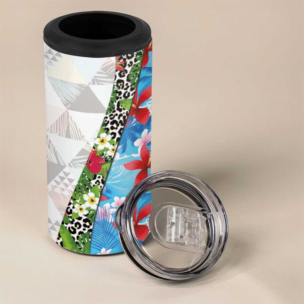 Hawaiian Tropical Flowers and Leaves 4 in 1 Can Cooler Tumbler on Leopard Pattern Half Style White-Blue Version - Polynesian Pride
