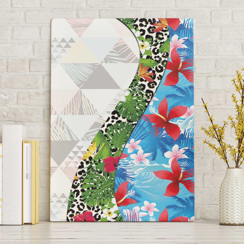 Hawaiian Tropical Flowers and Leaves Canvas Wall Art on Leopard Pattern Half Style White-Blue Version - Polynesian Pride