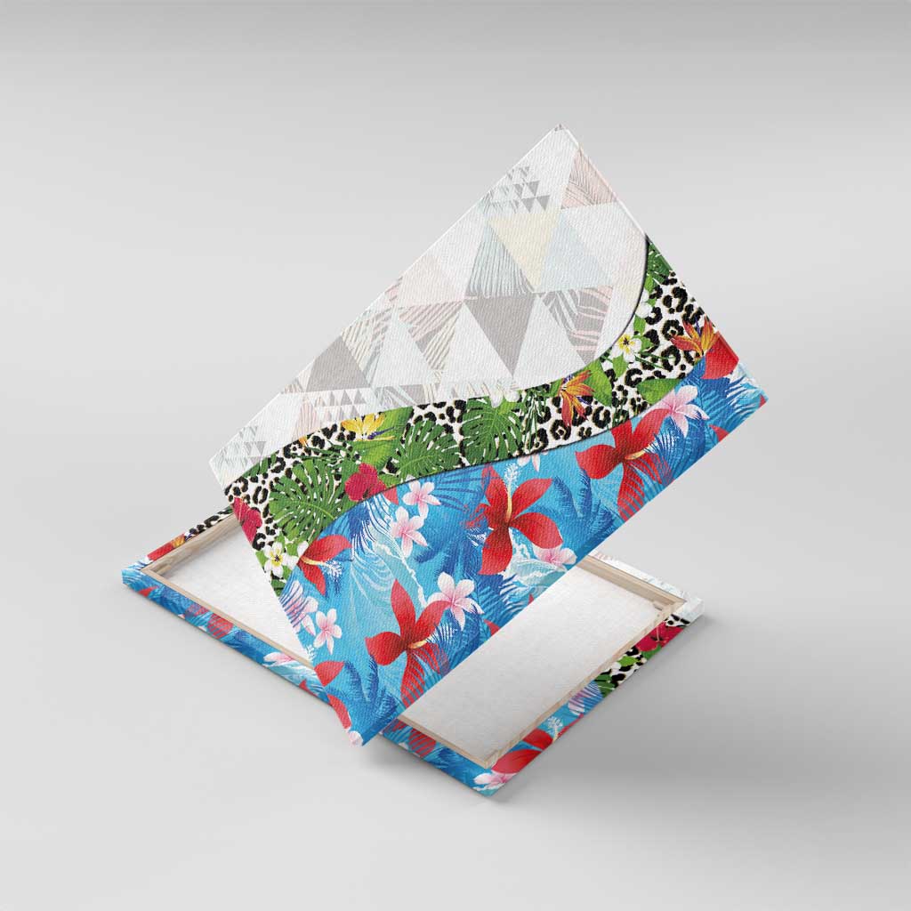 Hawaiian Tropical Flowers and Leaves Canvas Wall Art on Leopard Pattern Half Style White-Blue Version - Polynesian Pride