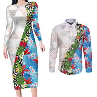 Hawaiian Tropical Flowers and Leaves Couples Matching Long Sleeve Bodycon Dress and Long Sleeve Button Shirt on Leopard Pattern Half Style White-Blue Version - Polynesian Pride