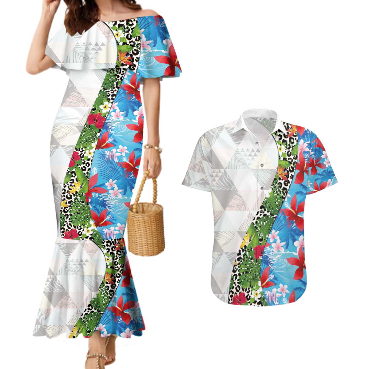 Hawaiian Tropical Flowers and Leaves Couples Matching Mermaid Dress and Hawaiian Shirt on Leopard Pattern Half Style White-Blue Version - Polynesian Pride