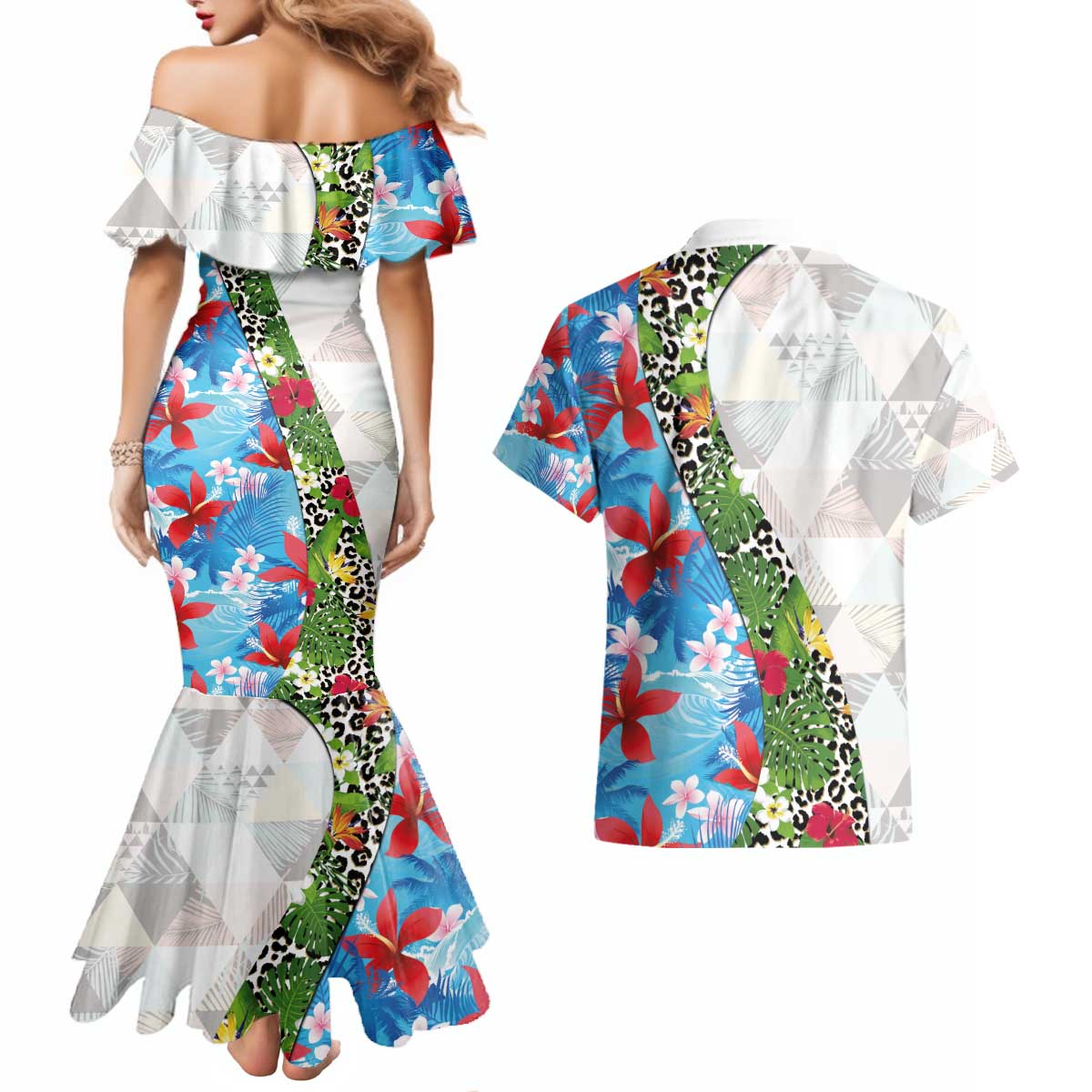 Hawaiian Tropical Flowers and Leaves Couples Matching Mermaid Dress and Hawaiian Shirt on Leopard Pattern Half Style White-Blue Version - Polynesian Pride