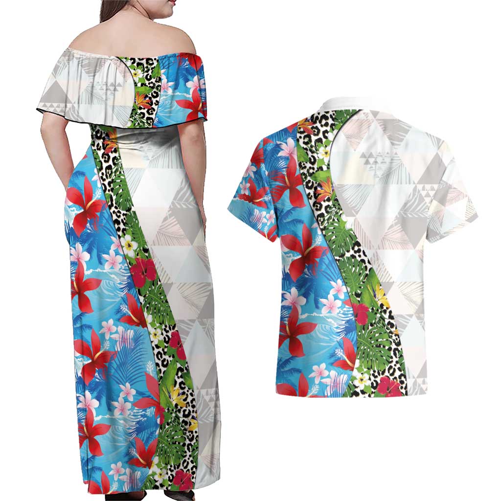 Hawaiian Tropical Flowers and Leaves Couples Matching Off Shoulder Maxi Dress and Hawaiian Shirt on Leopard Pattern Half Style White-Blue Version - Polynesian Pride