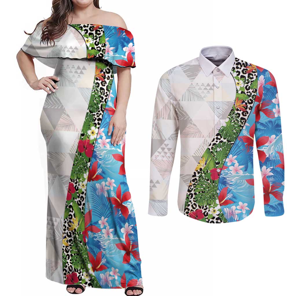 Hawaiian Tropical Flowers and Leaves Couples Matching Off Shoulder Maxi Dress and Long Sleeve Button Shirt on Leopard Pattern Half Style White-Blue Version - Polynesian Pride