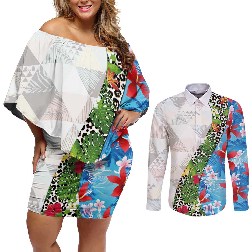 Hawaiian Tropical Flowers and Leaves Couples Matching Off Shoulder Short Dress and Long Sleeve Button Shirt on Leopard Pattern Half Style White-Blue Version - Polynesian Pride