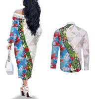 Hawaiian Tropical Flowers and Leaves Couples Matching Off The Shoulder Long Sleeve Dress and Long Sleeve Button Shirt on Leopard Pattern Half Style White-Blue Version - Polynesian Pride
