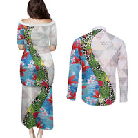 Hawaiian Tropical Flowers and Leaves Couples Matching Puletasi and Long Sleeve Button Shirt on Leopard Pattern Half Style White-Blue Version - Polynesian Pride