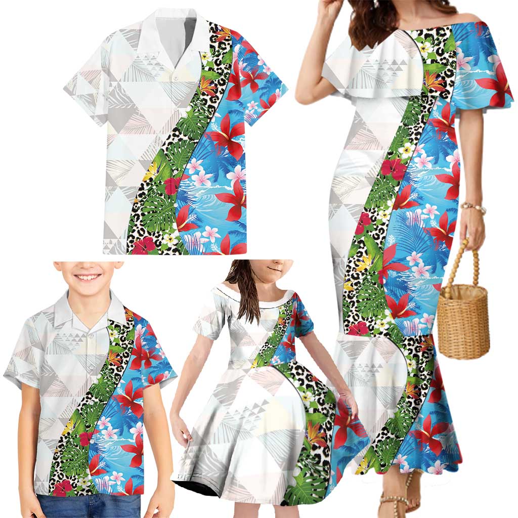 Hawaiian Tropical Flowers and Leaves Family Matching Mermaid Dress and Hawaiian Shirt on Leopard Pattern Half Style White-Blue Version - Polynesian Pride