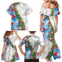 Hawaiian Tropical Flowers and Leaves Family Matching Mermaid Dress and Hawaiian Shirt on Leopard Pattern Half Style White-Blue Version - Polynesian Pride