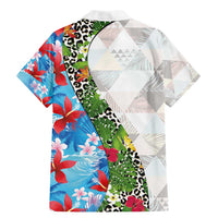 Hawaiian Tropical Flowers and Leaves Family Matching Mermaid Dress and Hawaiian Shirt on Leopard Pattern Half Style White-Blue Version - Polynesian Pride