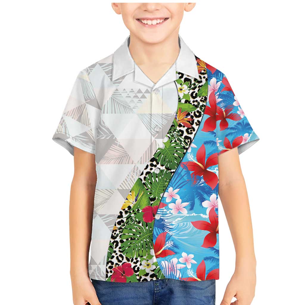 Hawaiian Tropical Flowers and Leaves Family Matching Mermaid Dress and Hawaiian Shirt on Leopard Pattern Half Style White-Blue Version - Polynesian Pride