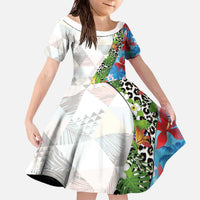 Hawaiian Tropical Flowers and Leaves Family Matching Off The Shoulder Long Sleeve Dress and Hawaiian Shirt on Leopard Pattern Half Style White-Blue Version - Polynesian Pride