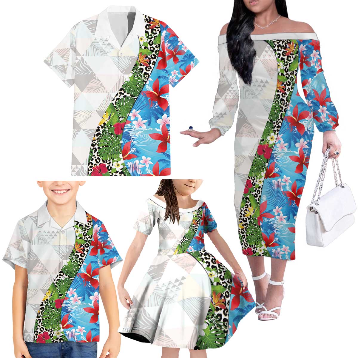 Hawaiian Tropical Flowers and Leaves Family Matching Off The Shoulder Long Sleeve Dress and Hawaiian Shirt on Leopard Pattern Half Style White-Blue Version - Polynesian Pride