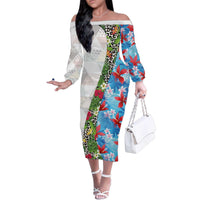 Hawaiian Tropical Flowers and Leaves Family Matching Off The Shoulder Long Sleeve Dress and Hawaiian Shirt on Leopard Pattern Half Style White-Blue Version - Polynesian Pride