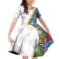 Hawaiian Tropical Flowers and Leaves Family Matching Off Shoulder Short Dress and Hawaiian Shirt on Leopard Pattern Half Style White-Blue Version - Polynesian Pride
