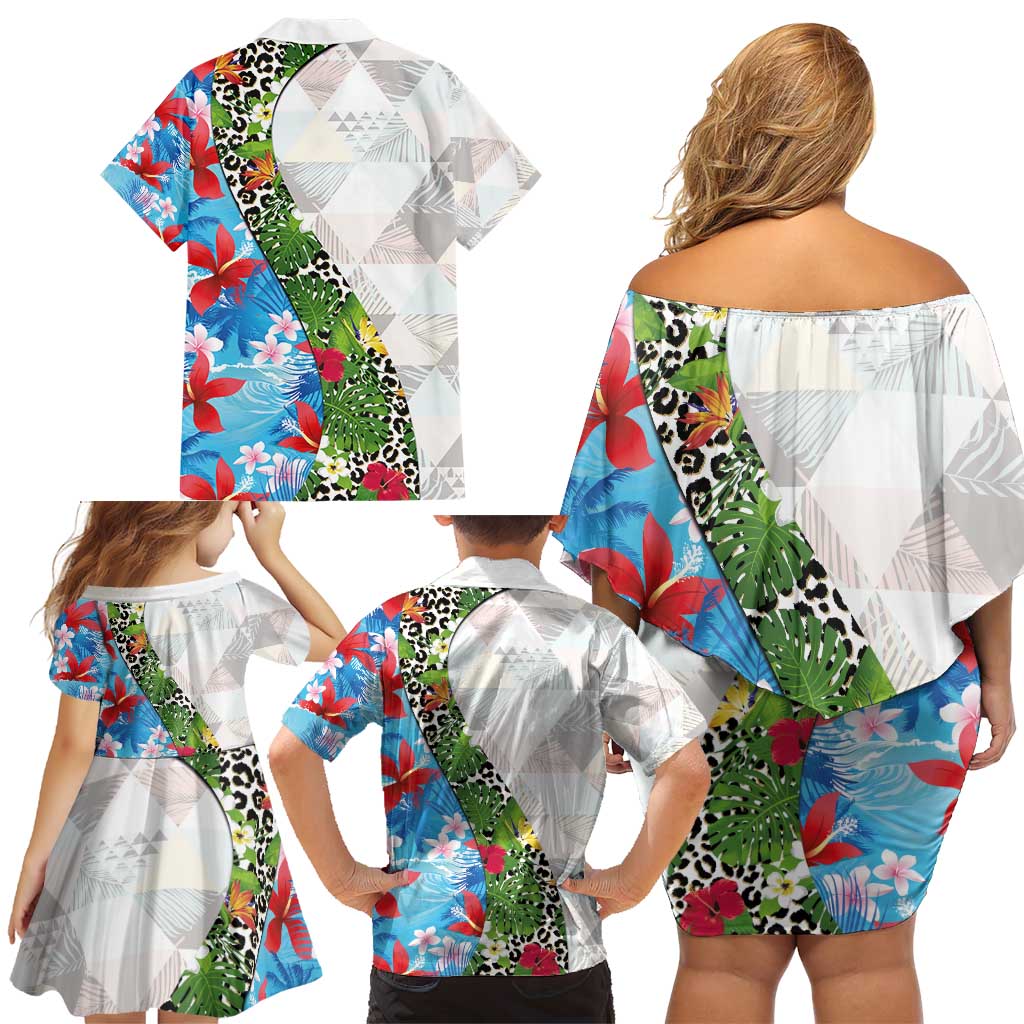 Hawaiian Tropical Flowers and Leaves Family Matching Off Shoulder Short Dress and Hawaiian Shirt on Leopard Pattern Half Style White-Blue Version - Polynesian Pride
