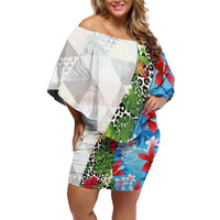 Hawaiian Tropical Flowers and Leaves Family Matching Off Shoulder Short Dress and Hawaiian Shirt on Leopard Pattern Half Style White-Blue Version - Polynesian Pride