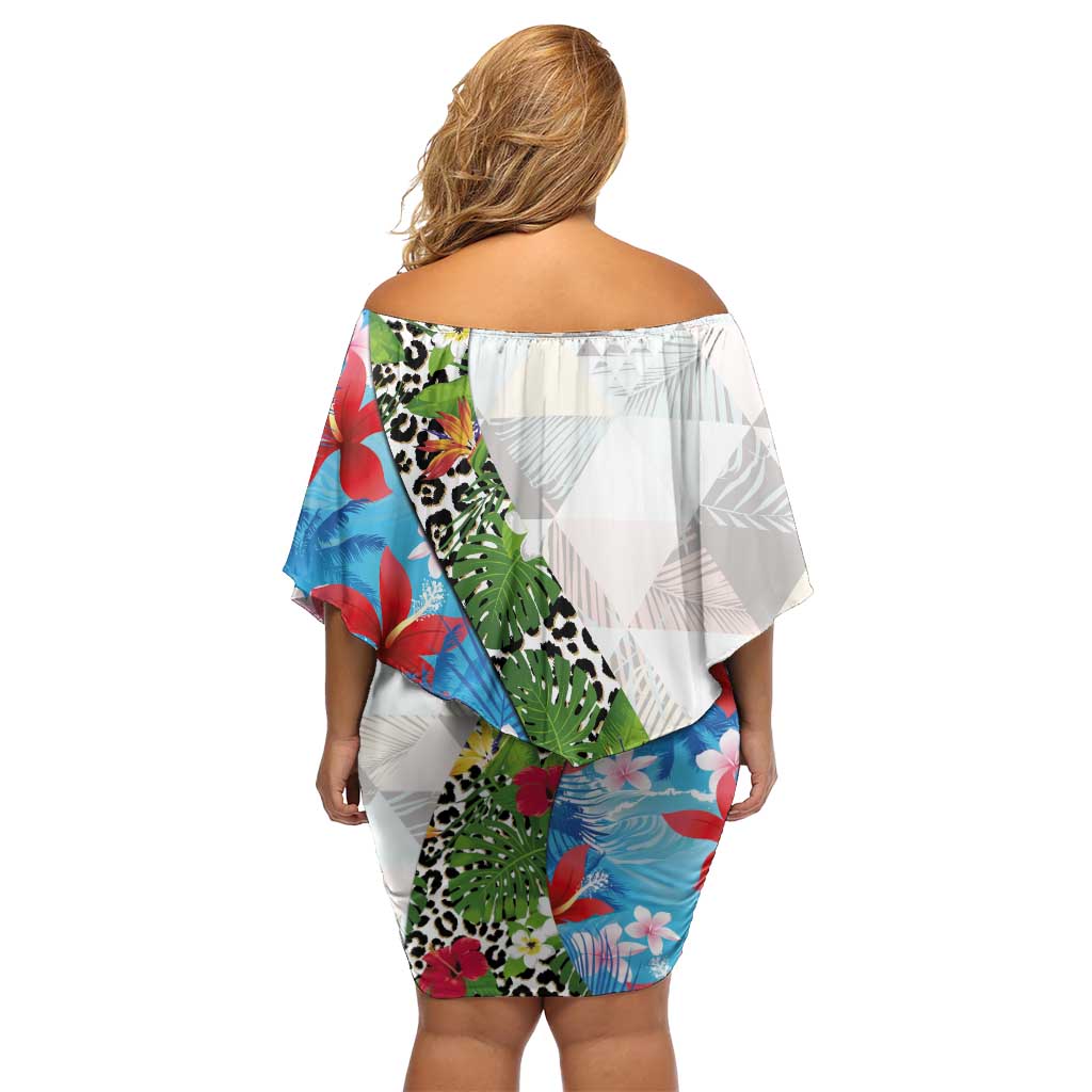 Hawaiian Tropical Flowers and Leaves Family Matching Off Shoulder Short Dress and Hawaiian Shirt on Leopard Pattern Half Style White-Blue Version - Polynesian Pride