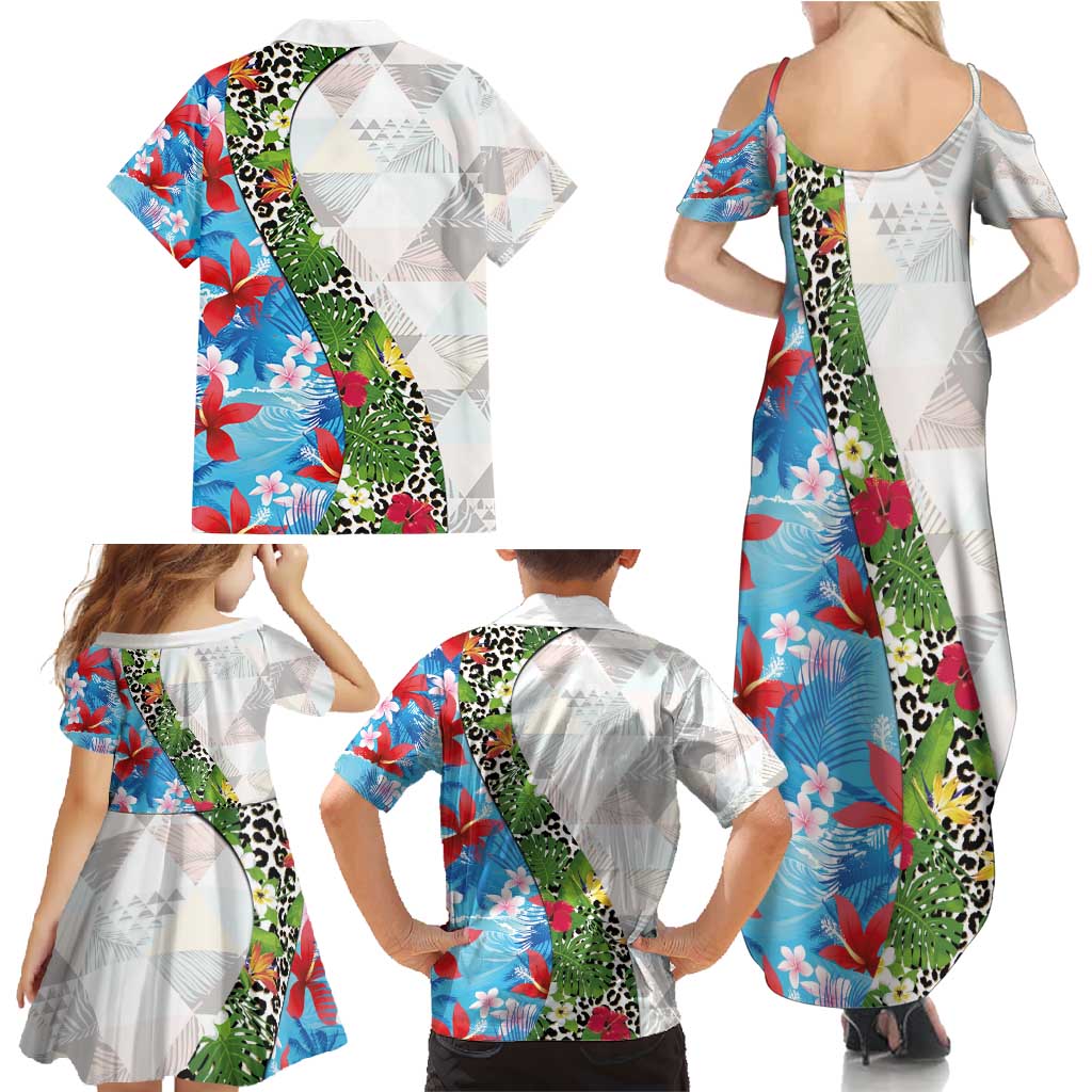 Hawaiian Tropical Flowers and Leaves Family Matching Summer Maxi Dress and Hawaiian Shirt on Leopard Pattern Half Style White-Blue Version - Polynesian Pride