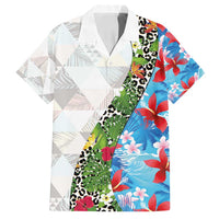 Hawaiian Tropical Flowers and Leaves Family Matching Summer Maxi Dress and Hawaiian Shirt on Leopard Pattern Half Style White-Blue Version - Polynesian Pride