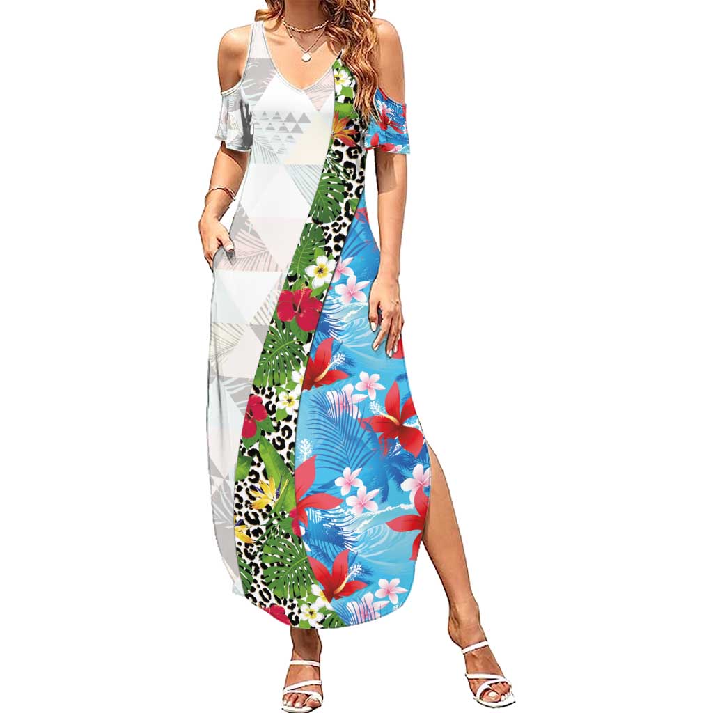 Hawaiian Tropical Flowers and Leaves Family Matching Summer Maxi Dress and Hawaiian Shirt on Leopard Pattern Half Style White-Blue Version - Polynesian Pride
