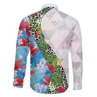 Hawaiian Tropical Flowers and Leaves Family Matching Tank Maxi Dress and Hawaiian Shirt on Leopard Pattern Half Style White-Blue Version - Polynesian Pride