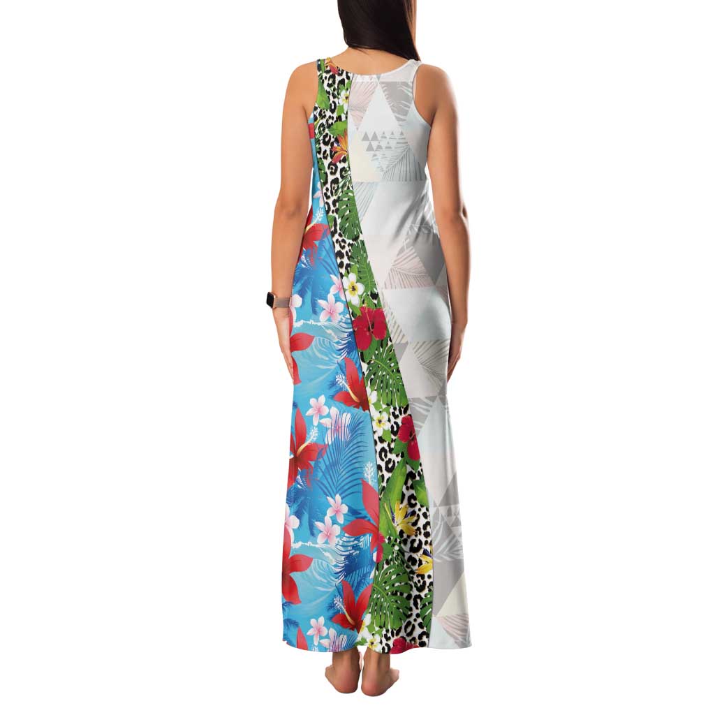 Hawaiian Tropical Flowers and Leaves Family Matching Tank Maxi Dress and Hawaiian Shirt on Leopard Pattern Half Style White-Blue Version - Polynesian Pride
