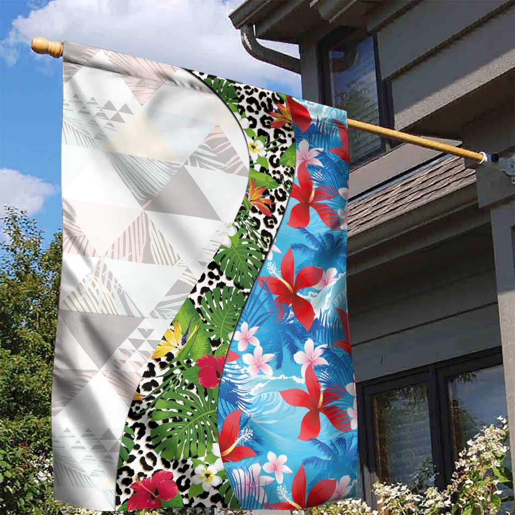 Hawaiian Tropical Flowers and Leaves Garden Flag on Leopard Pattern Half Style White-Blue Version - Polynesian Pride