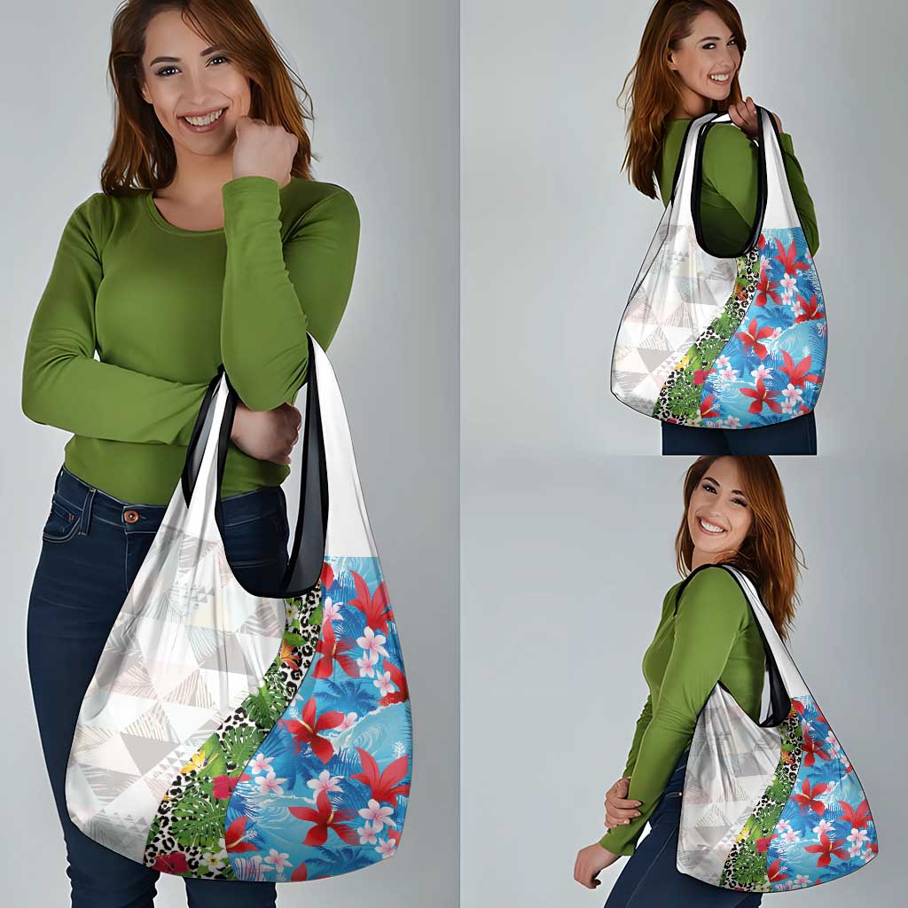 Hawaiian Tropical Flowers and Leaves Grocery Bag on Leopard Pattern Half Style White-Blue Version - Polynesian Pride