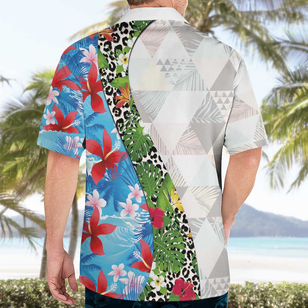 Hawaiian Tropical Flowers and Leaves Hawaiian Shirt on Leopard Pattern Half Style White-Blue Version - Polynesian Pride