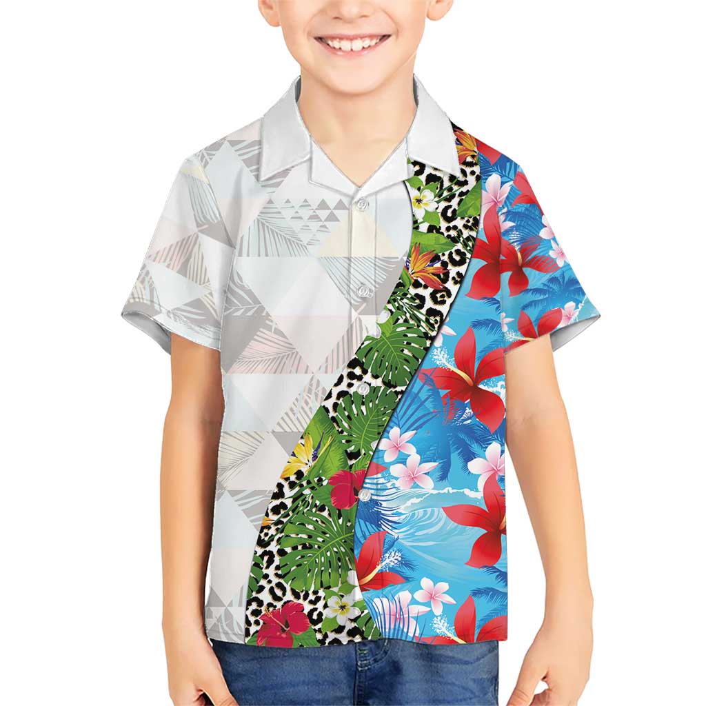 Hawaiian Tropical Flowers and Leaves Kid Hawaiian Shirt on Leopard Pattern Half Style White-Blue Version LT03 Kid White - Polynesian Pride