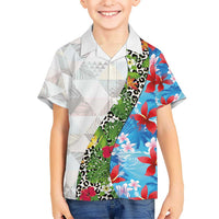 Hawaiian Tropical Flowers and Leaves Kid Hawaiian Shirt on Leopard Pattern Half Style White-Blue Version LT03 Kid White - Polynesian Pride