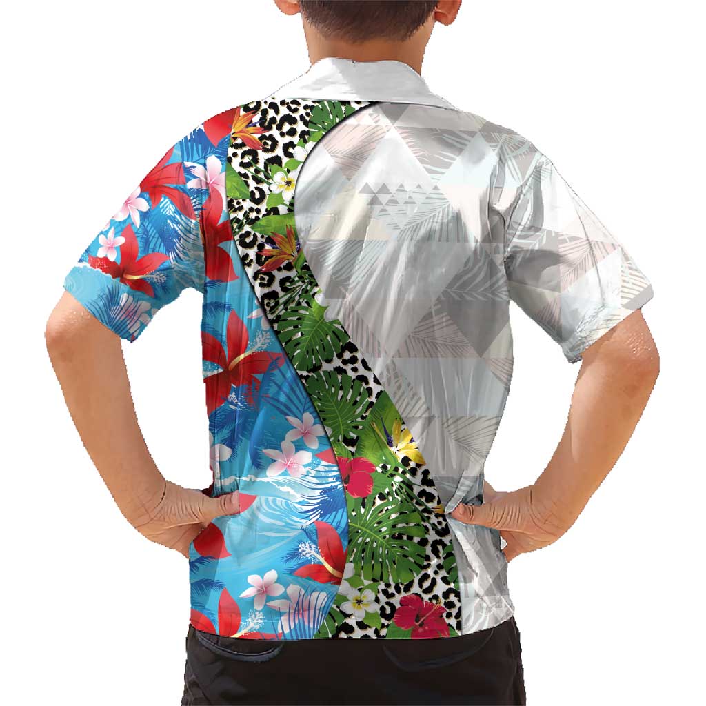 Hawaiian Tropical Flowers and Leaves Kid Hawaiian Shirt on Leopard Pattern Half Style White-Blue Version LT03 - Polynesian Pride