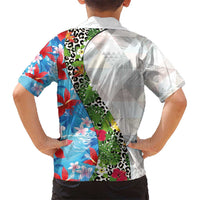 Hawaiian Tropical Flowers and Leaves Kid Hawaiian Shirt on Leopard Pattern Half Style White-Blue Version LT03 - Polynesian Pride