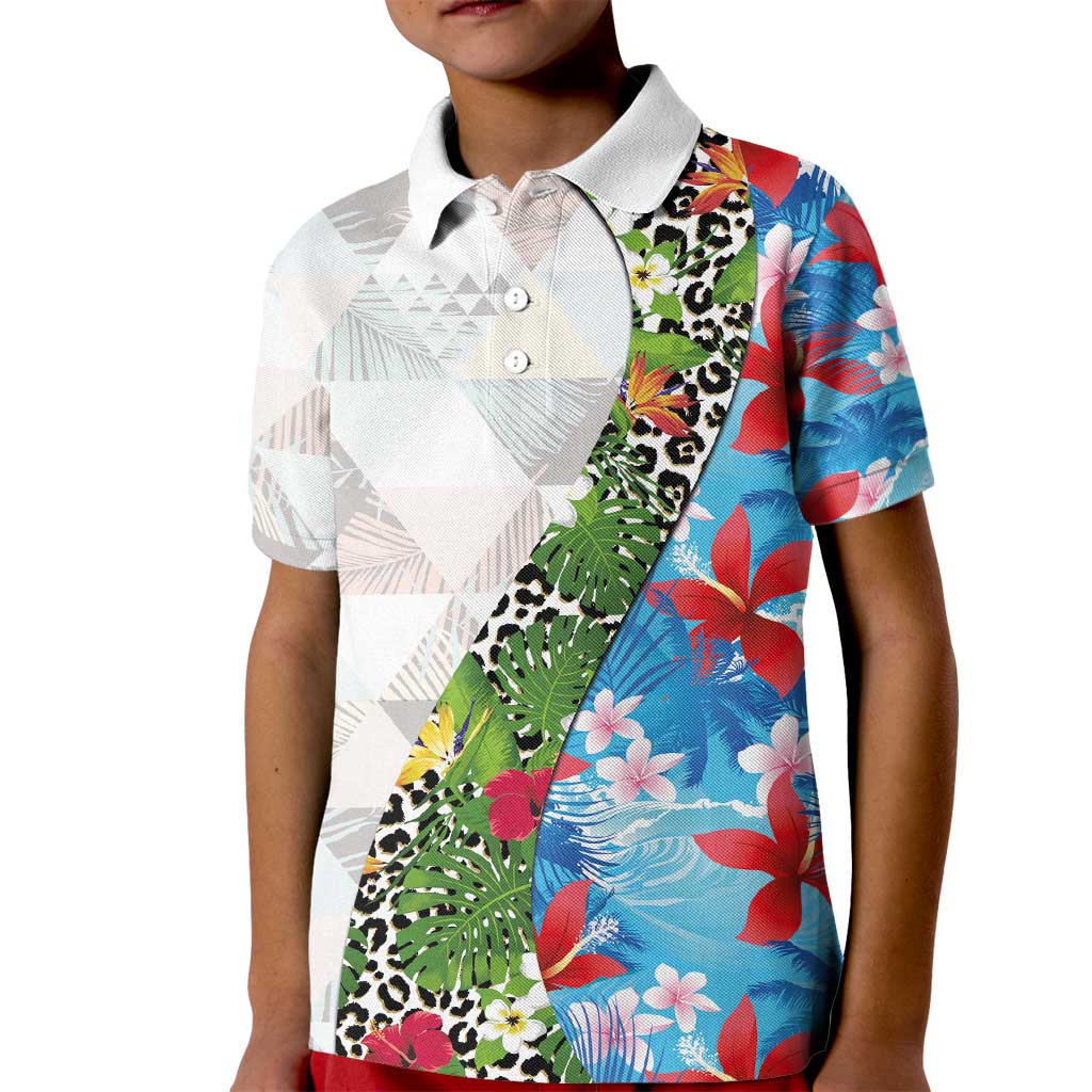 Hawaiian Tropical Flowers and Leaves Kid Polo Shirt on Leopard Pattern Half Style White-Blue Version - Polynesian Pride