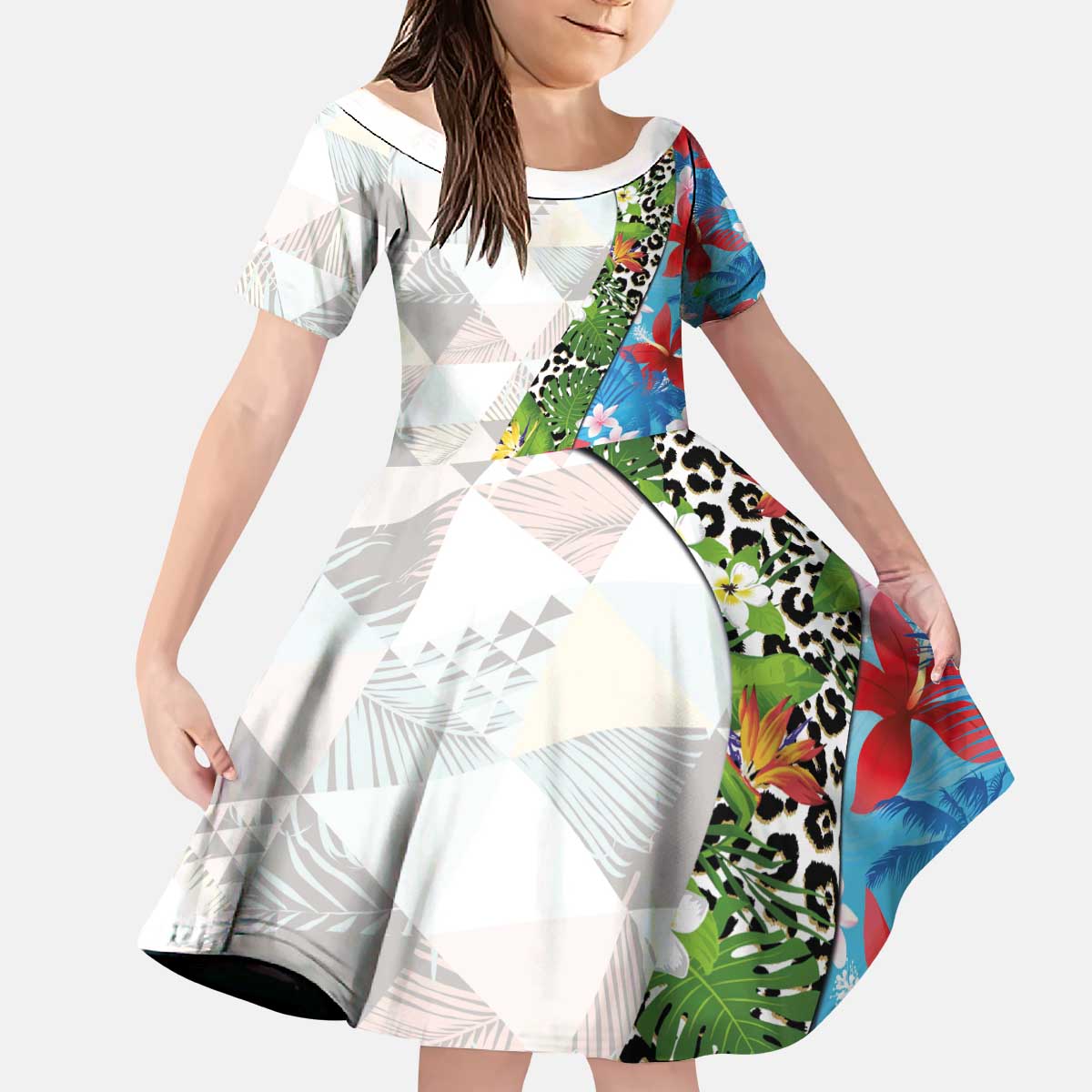 Hawaiian Tropical Flowers and Leaves Kid Short Sleeve Dress on Leopard Pattern Half Style White-Blue Version - Polynesian Pride