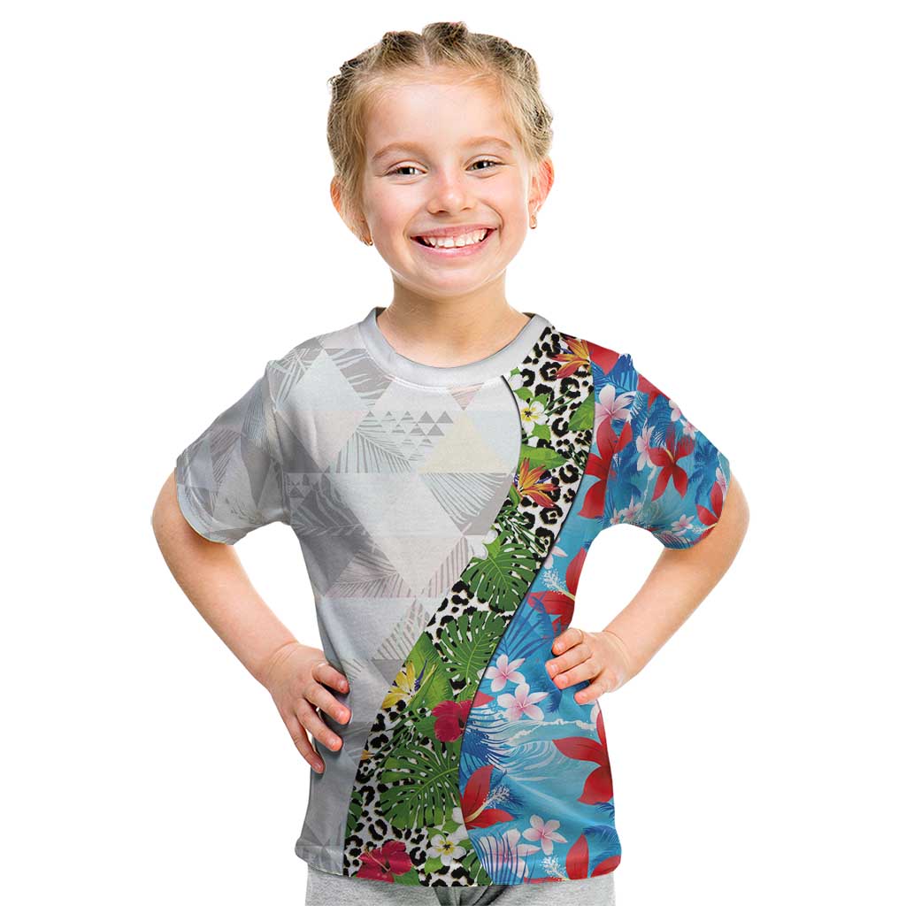 Hawaiian Tropical Flowers and Leaves Kid T Shirt on Leopard Pattern Half Style White-Blue Version - Polynesian Pride