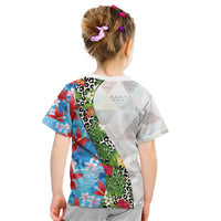 Hawaiian Tropical Flowers and Leaves Kid T Shirt on Leopard Pattern Half Style White-Blue Version - Polynesian Pride