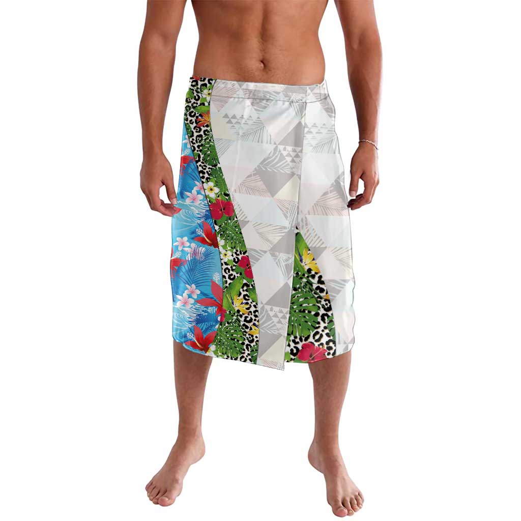 Hawaiian Tropical Flowers and Leaves Lavalava on Leopard Pattern Half Style White-Blue Version - Polynesian Pride