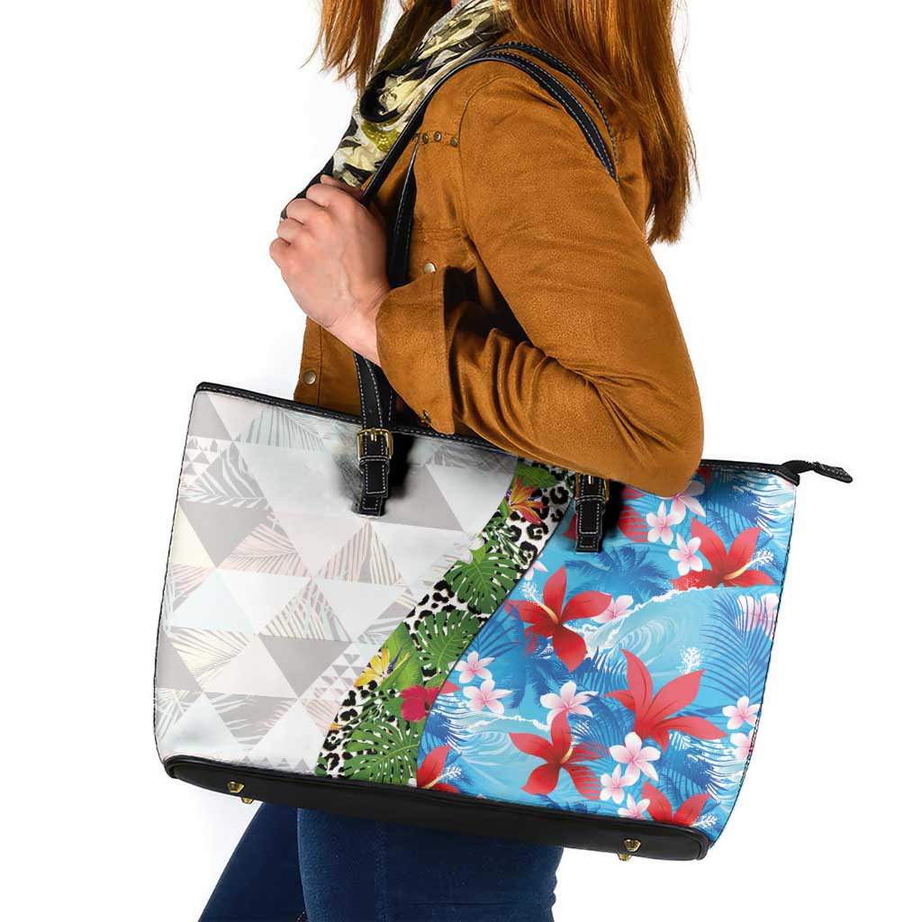 Hawaiian Tropical Flowers and Leaves Leather Tote Bag on Leopard Pattern Half Style White-Blue Version - Polynesian Pride